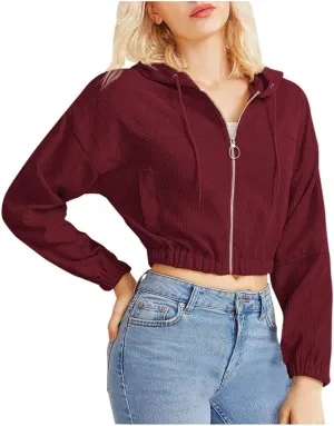 Casual Cropped Hoodies for Women Cute Crop Top Y2K Long Sleeve Sweatshirts Breathable Drawstring Teen Girls Clothes