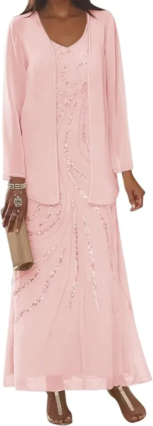 Chiffon Mother of The Bride Dress Sequin 2025 Long Wedding Guest Dresses with Jacket