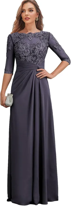 Chiffon Mother of The Bride Dresses for Wedding Corset Lace Formal Evening Dress with Sleeves