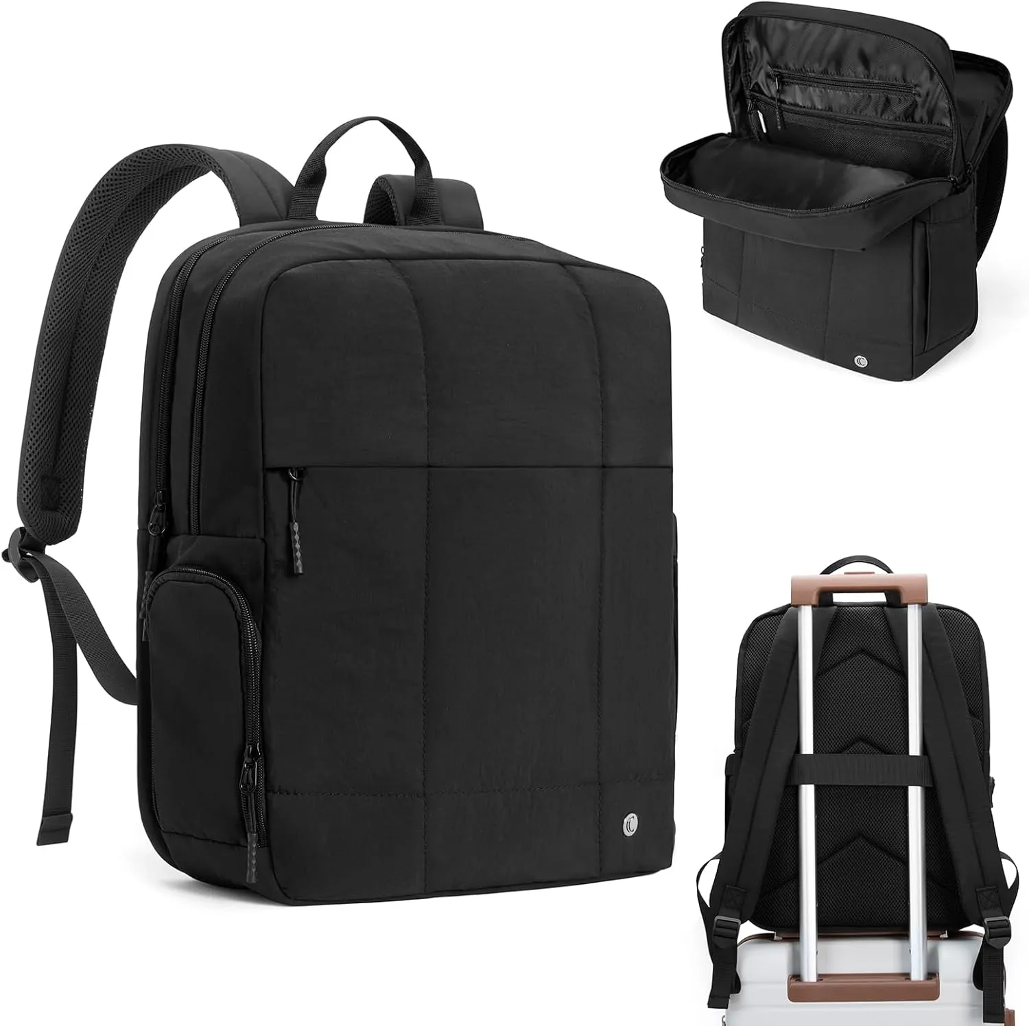 CLUCI Quilted Laptop Backpack fits 15.6" Laptop, Travel Backpack for Women, Lightweight Carry on Backpack for Airplanes, Puffy Gym Bag with Shoe Compartment (Black)