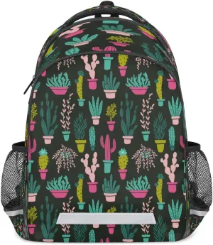 Colored Cactus Potted Plant Laptop Backpack Lightweight College Backpack with Reflective Strip for Men Women Adult Casual Travel Hiking Gym Work Daypack