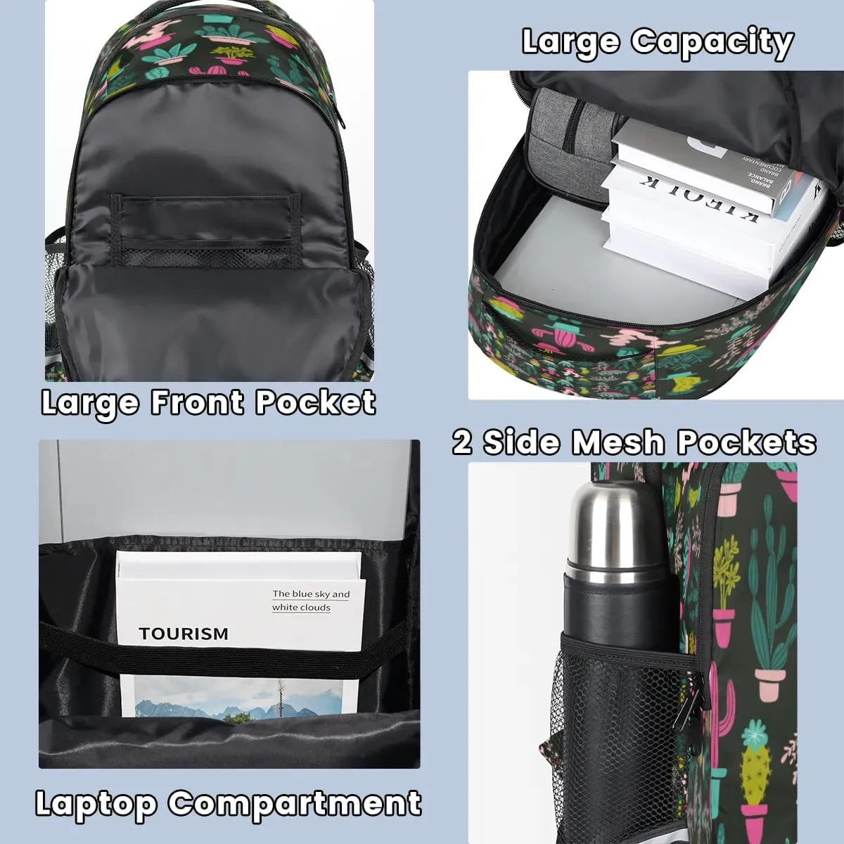 Colored Cactus Potted Plant Laptop Backpack Lightweight College Backpack with Reflective Strip for Men Women Adult Casual Travel Hiking Gym Work Daypack