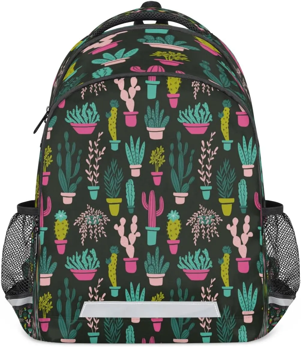 Colored Cactus Potted Plant Laptop Backpack Lightweight College Backpack with Reflective Strip for Men Women Adult Casual Travel Hiking Gym Work Daypack