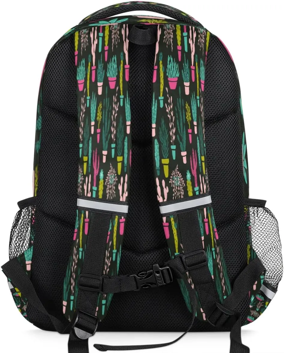Colored Cactus Potted Plant Laptop Backpack Lightweight College Backpack with Reflective Strip for Men Women Adult Casual Travel Hiking Gym Work Daypack