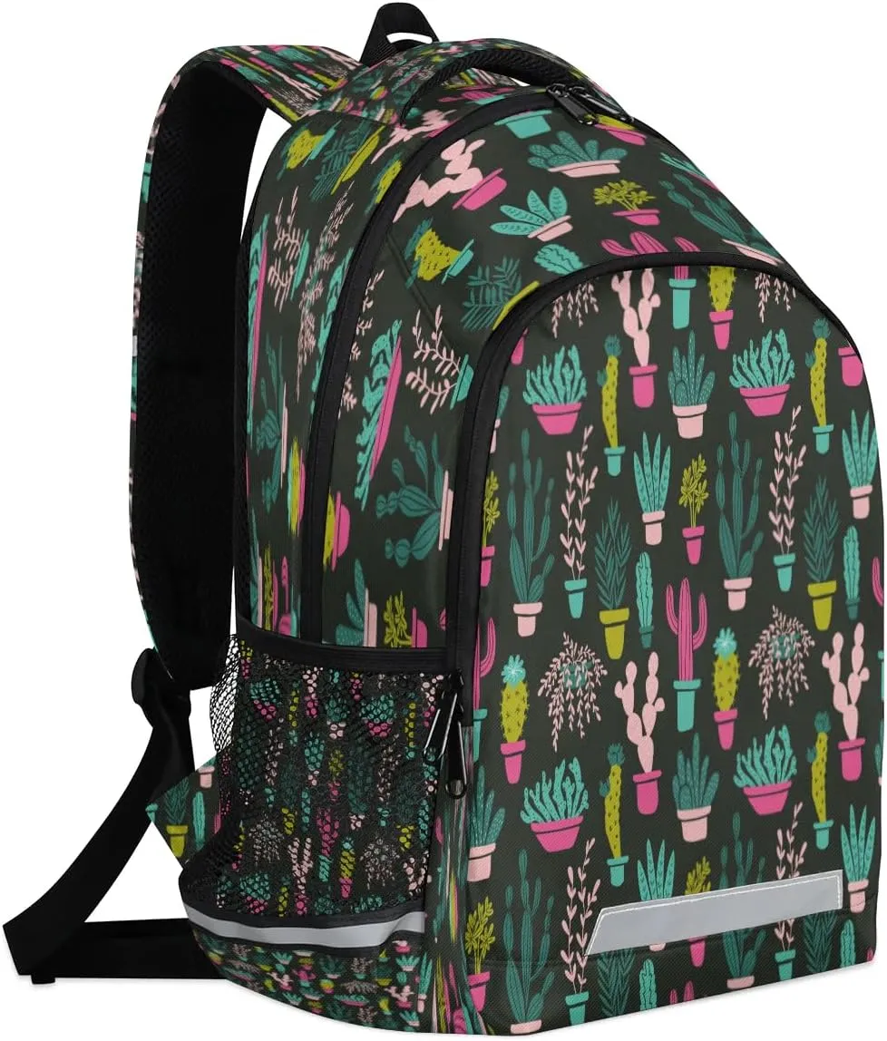 Colored Cactus Potted Plant Laptop Backpack Lightweight College Backpack with Reflective Strip for Men Women Adult Casual Travel Hiking Gym Work Daypack