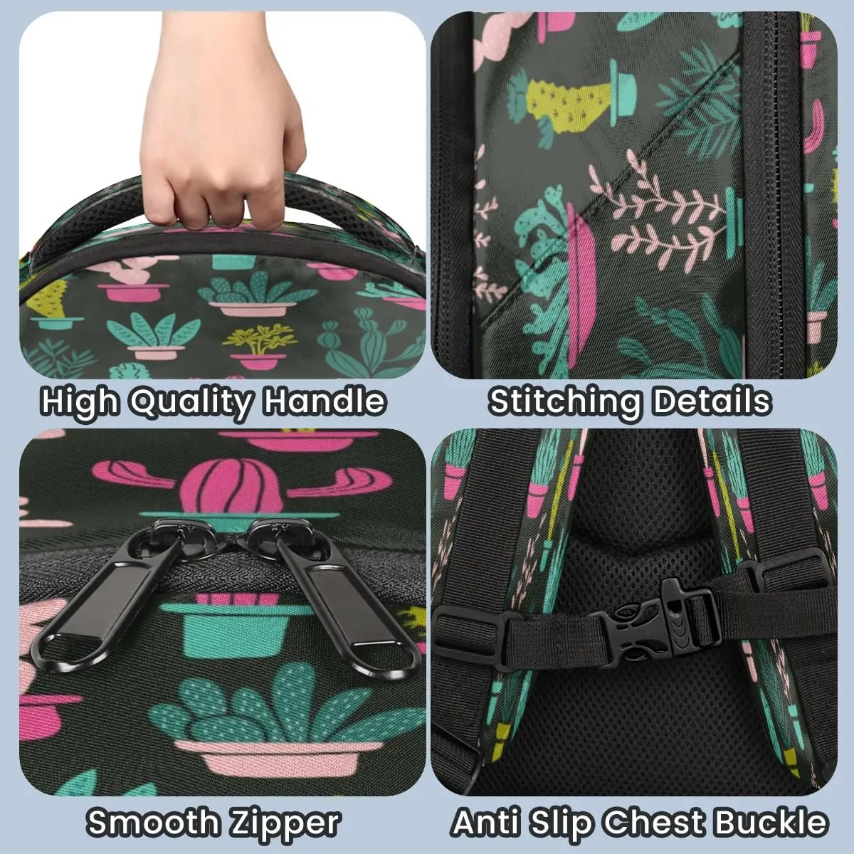 Colored Cactus Potted Plant Laptop Backpack Lightweight College Backpack with Reflective Strip for Men Women Adult Casual Travel Hiking Gym Work Daypack