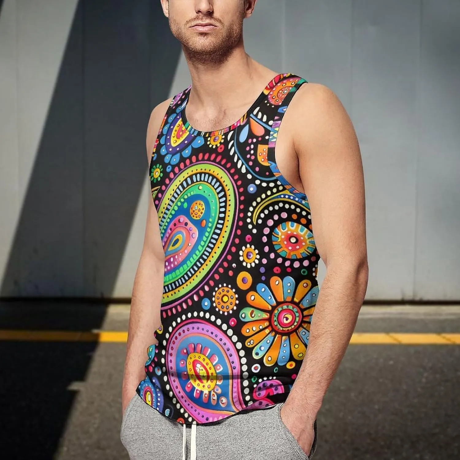 Colorful Paisley and Flowers Mens Tank Top Undershirt Sleeveless Gym Vest Workout T-Shirts
