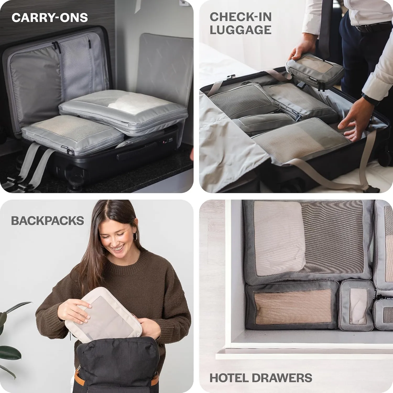 Compression Packing Cubes for Travel - Luggage Organizer Bags - Double Zipper Packing Cubes for Suitcases (4-Pack, Beige)