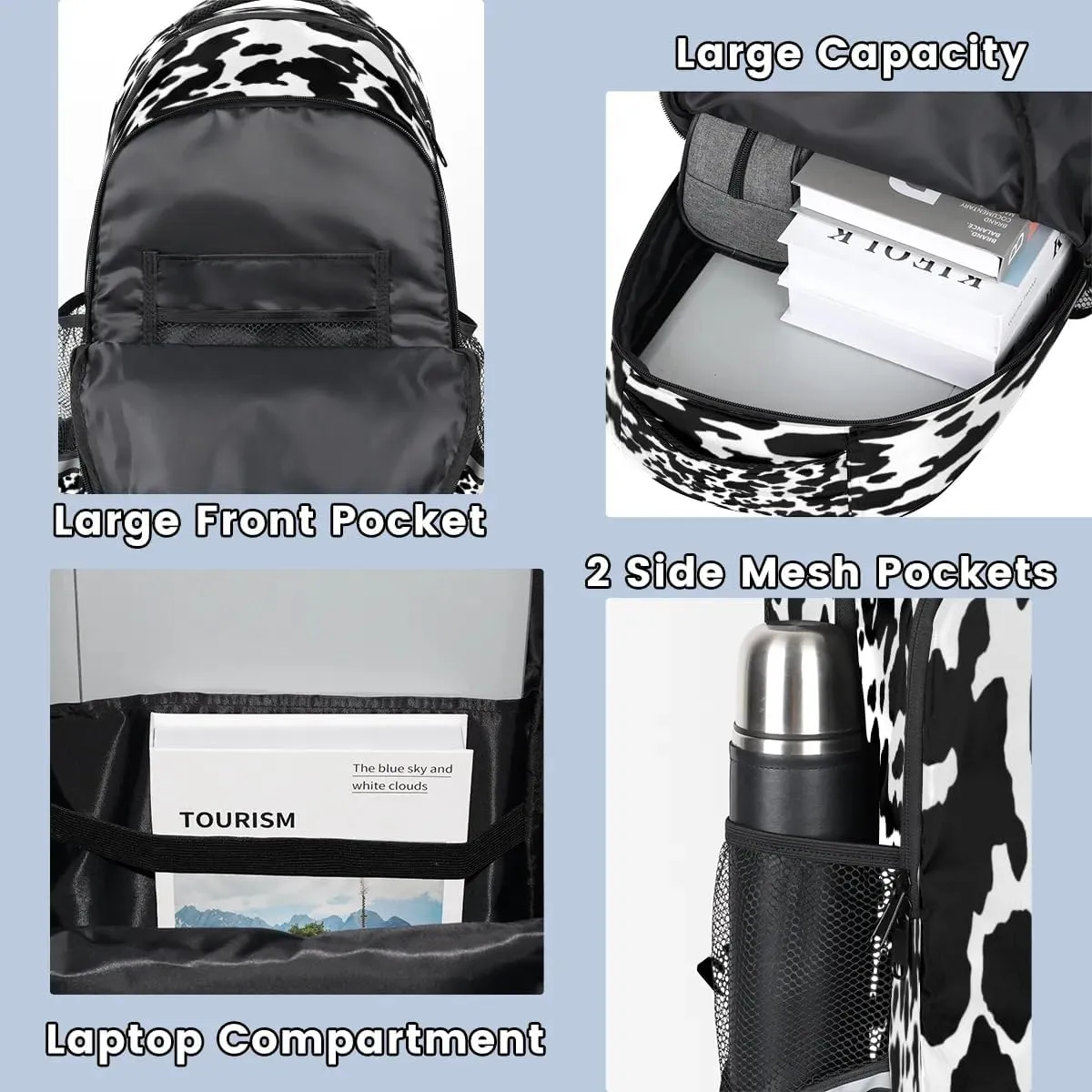 Cow Skin Pattern Laptop Backpack Lightweight College Backpack with Reflective Strip for Men Women Adult Casual Travel Hiking Gym Work Daypack