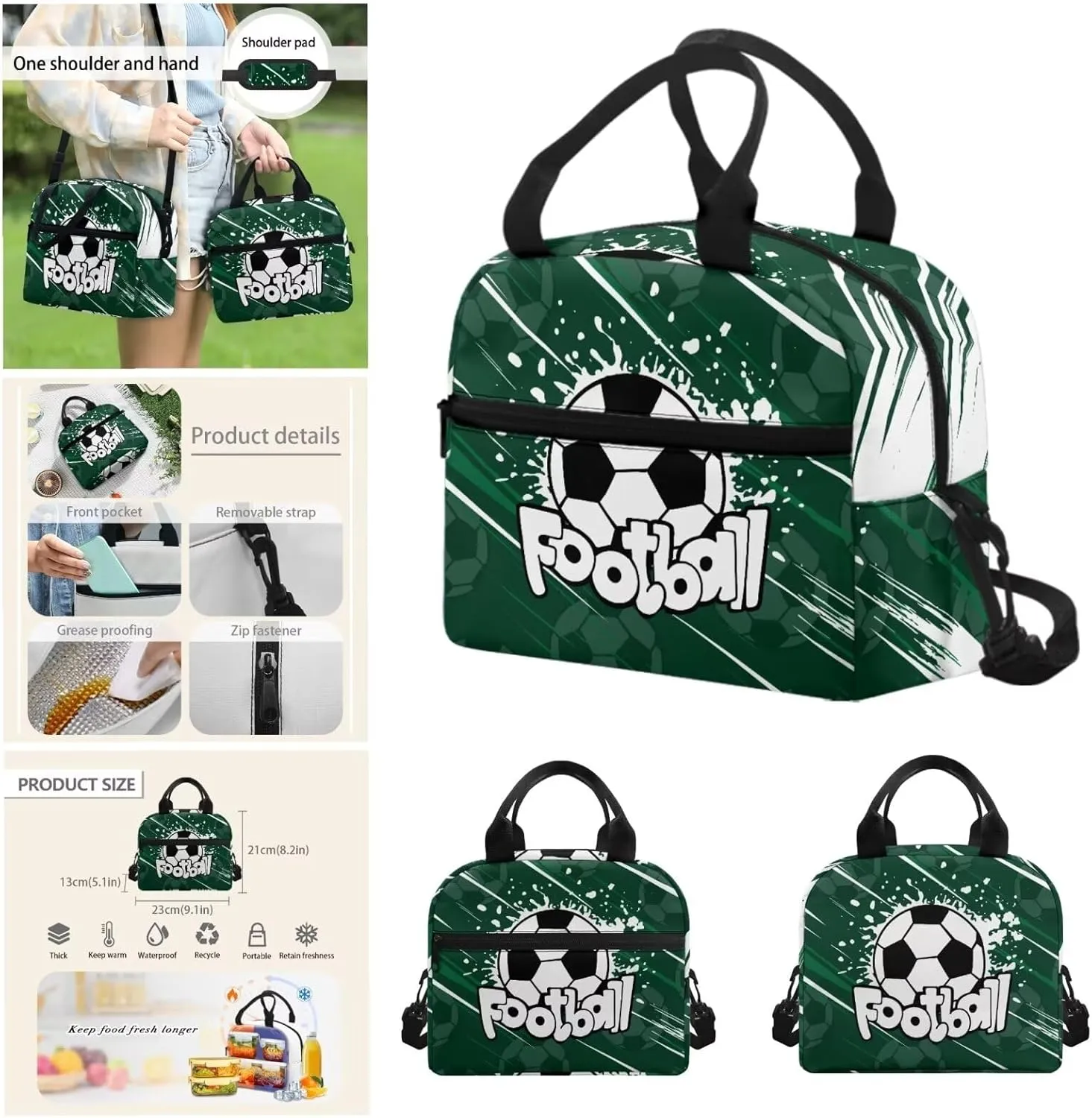 Cute Football Kids' Backpacks & Lunch Boxes School Bag for Girls Kids Backpacks Boys School Bag for Teenage Girls Lunch Bags for School Insulated Pencil Box Bottle Cooler Bag