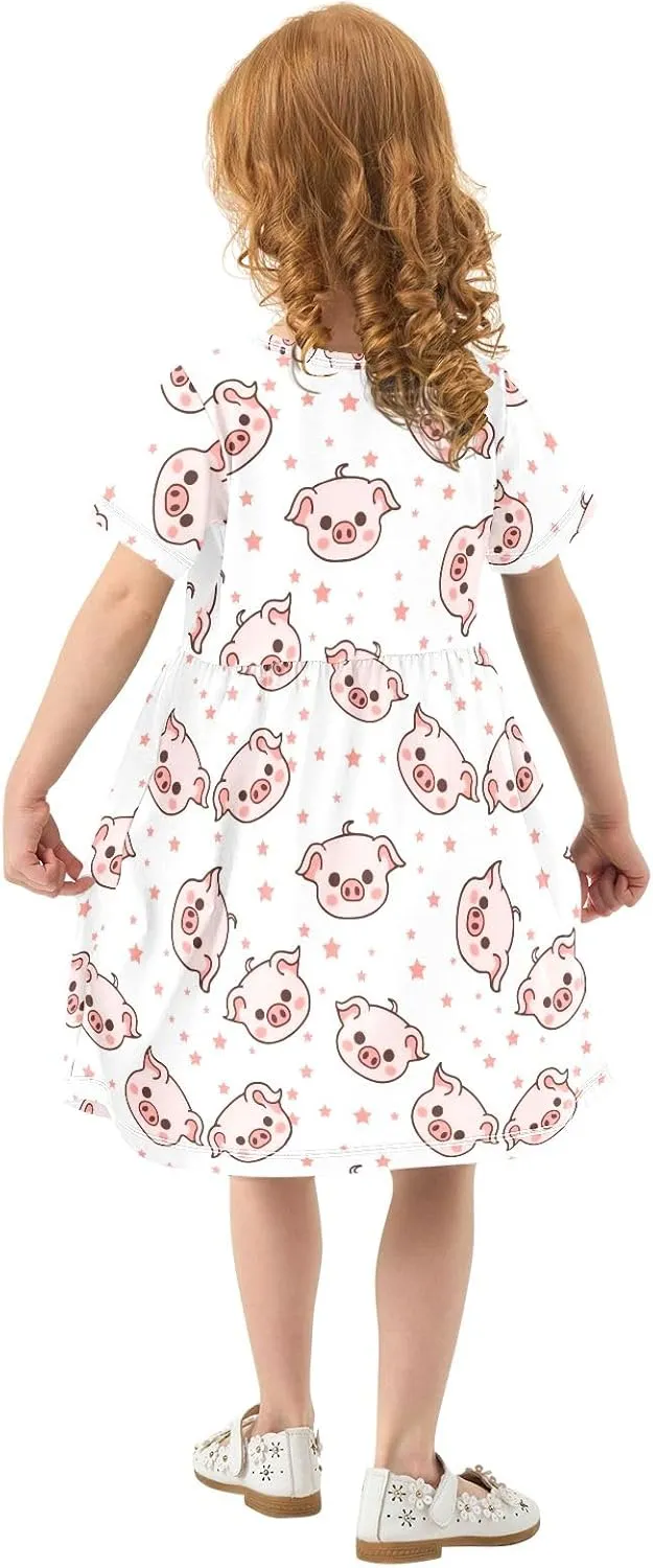 Cute Piggy with Stars Summer Girls Short Sleeve Dress Casual Dresses Beach Sundress for 2-8 Years