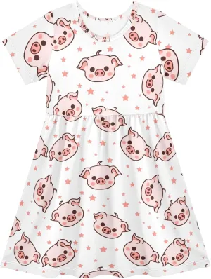 Cute Piggy with Stars Summer Girls Short Sleeve Dress Casual Dresses Beach Sundress for 2-8 Years