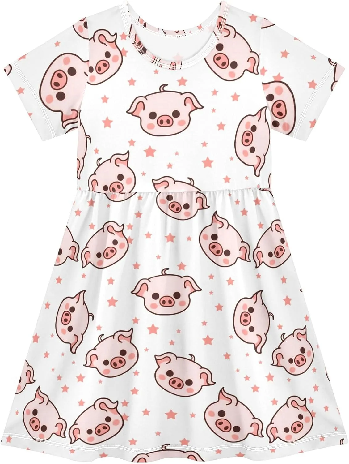 Cute Piggy with Stars Summer Girls Short Sleeve Dress Casual Dresses Beach Sundress for 2-8 Years