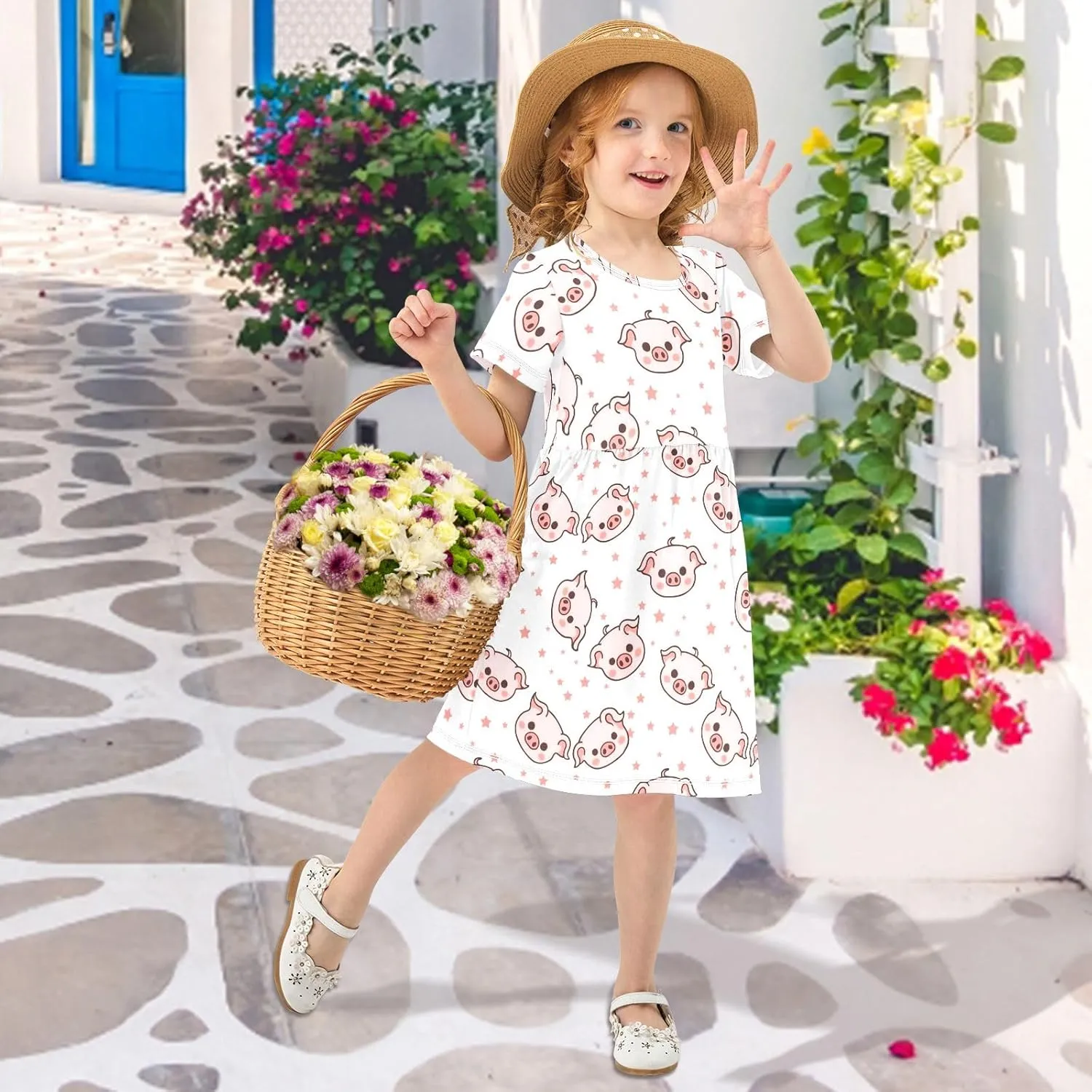 Cute Piggy with Stars Summer Girls Short Sleeve Dress Casual Dresses Beach Sundress for 2-8 Years