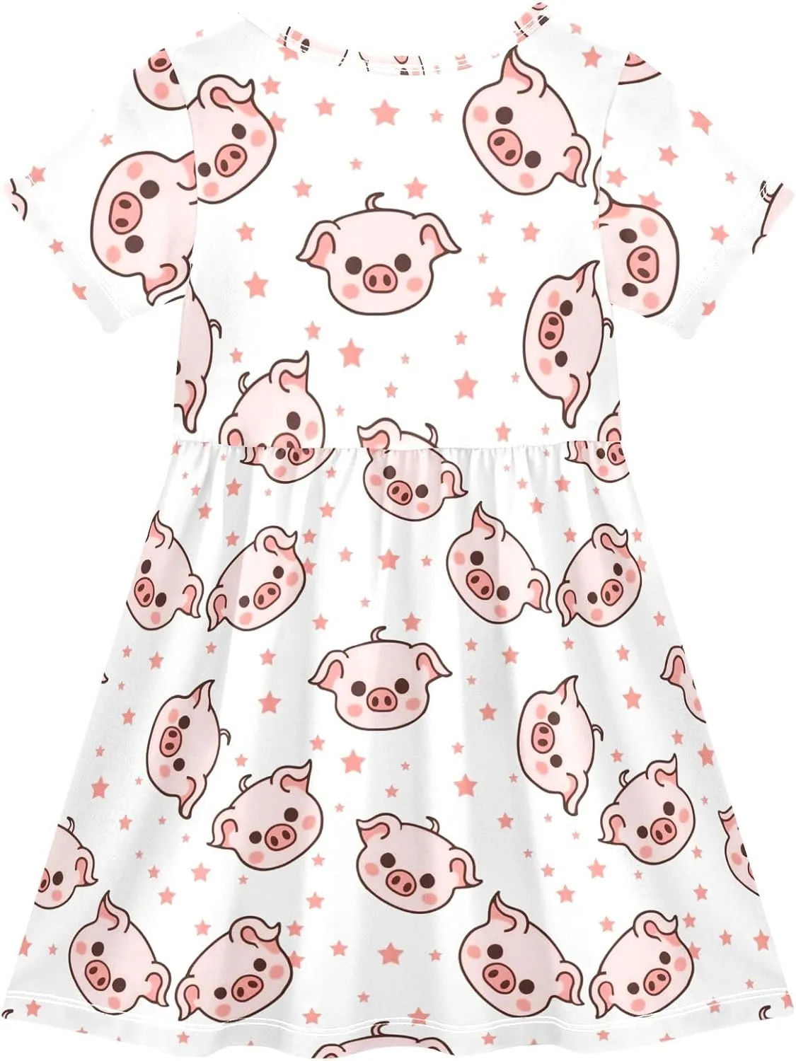 Cute Piggy with Stars Summer Girls Short Sleeve Dress Casual Dresses Beach Sundress for 2-8 Years