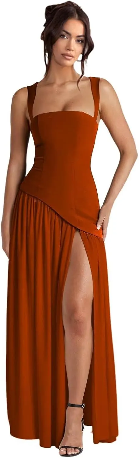 Dessiny Women's Satin Bridesmaid Dresses with Slit 2025 Spaghetti Straps Drop Waist Evening Party Gowns DE409