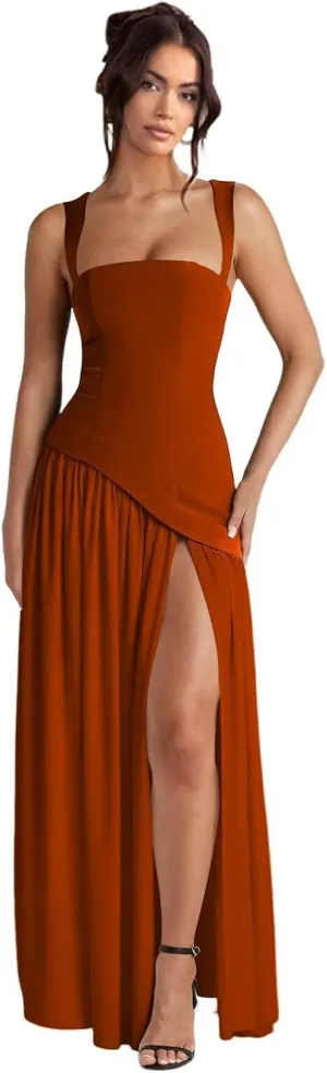 Dessiny Women's Satin Bridesmaid Dresses with Slit 2025 Spaghetti Straps Drop Waist Evening Party Gowns DE409