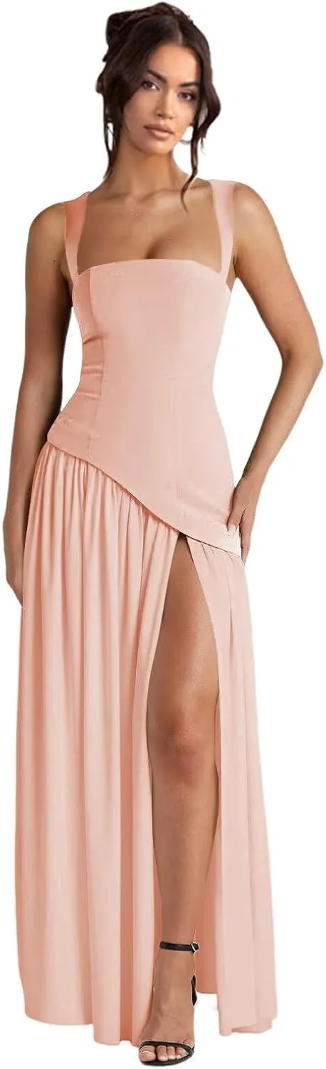 Dessiny Women's Satin Bridesmaid Dresses with Slit 2025 Spaghetti Straps Drop Waist Evening Party Gowns DE409
