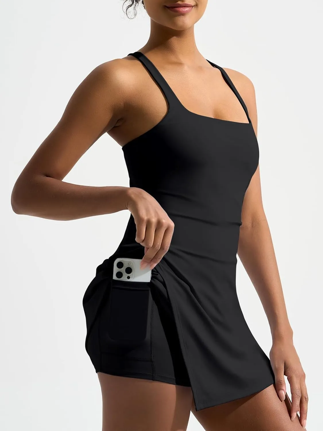 Dokuritu Womens Tennis Dress with Built in Shorts Sleeveless Square Neck Golf Workout Athletic Dresses with Pockets