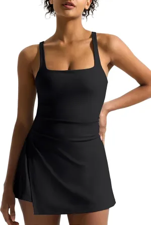 Dokuritu Womens Tennis Dress with Built in Shorts Sleeveless Square Neck Golf Workout Athletic Dresses with Pockets