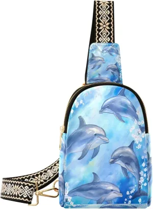 Dolphins Flowers Sling Bag for Women Leather Crossbody Bag with Adjustable Strap Belt Bag Sling Purses