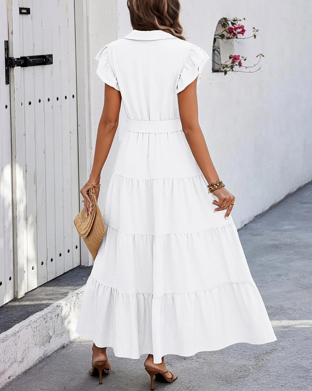 dowerme Women's Summer Casual Dresses 2025 Cap Ruffle Sleeve V Neck Button Belted Tiered Boho Maxi Dress with Pockets