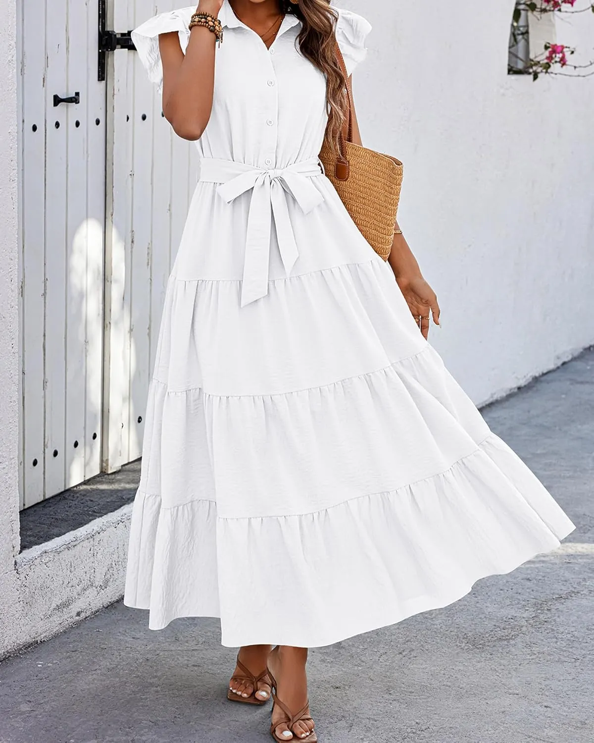 dowerme Women's Summer Casual Dresses 2025 Cap Ruffle Sleeve V Neck Button Belted Tiered Boho Maxi Dress with Pockets
