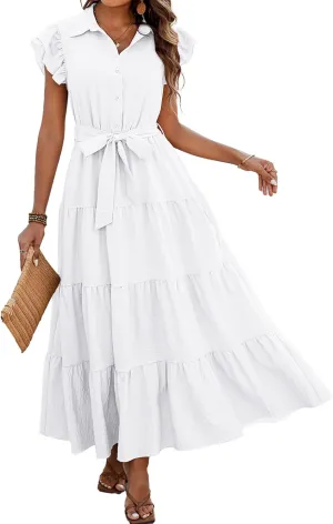 dowerme Women's Summer Casual Dresses 2025 Cap Ruffle Sleeve V Neck Button Belted Tiered Boho Maxi Dress with Pockets