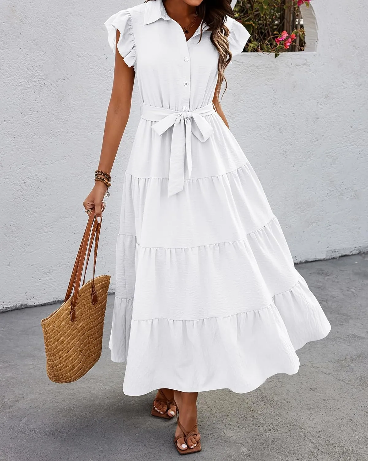 dowerme Women's Summer Casual Dresses 2025 Cap Ruffle Sleeve V Neck Button Belted Tiered Boho Maxi Dress with Pockets