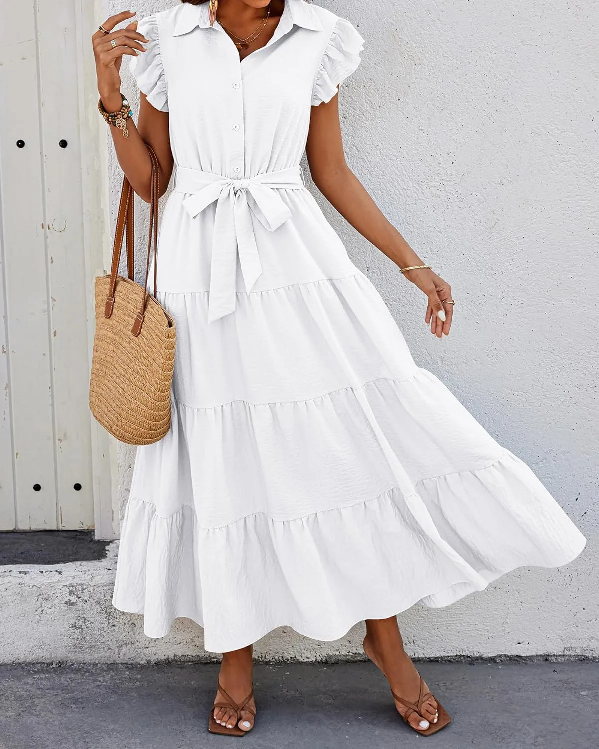 dowerme Women's Summer Casual Dresses 2025 Cap Ruffle Sleeve V Neck Button Belted Tiered Boho Maxi Dress with Pockets