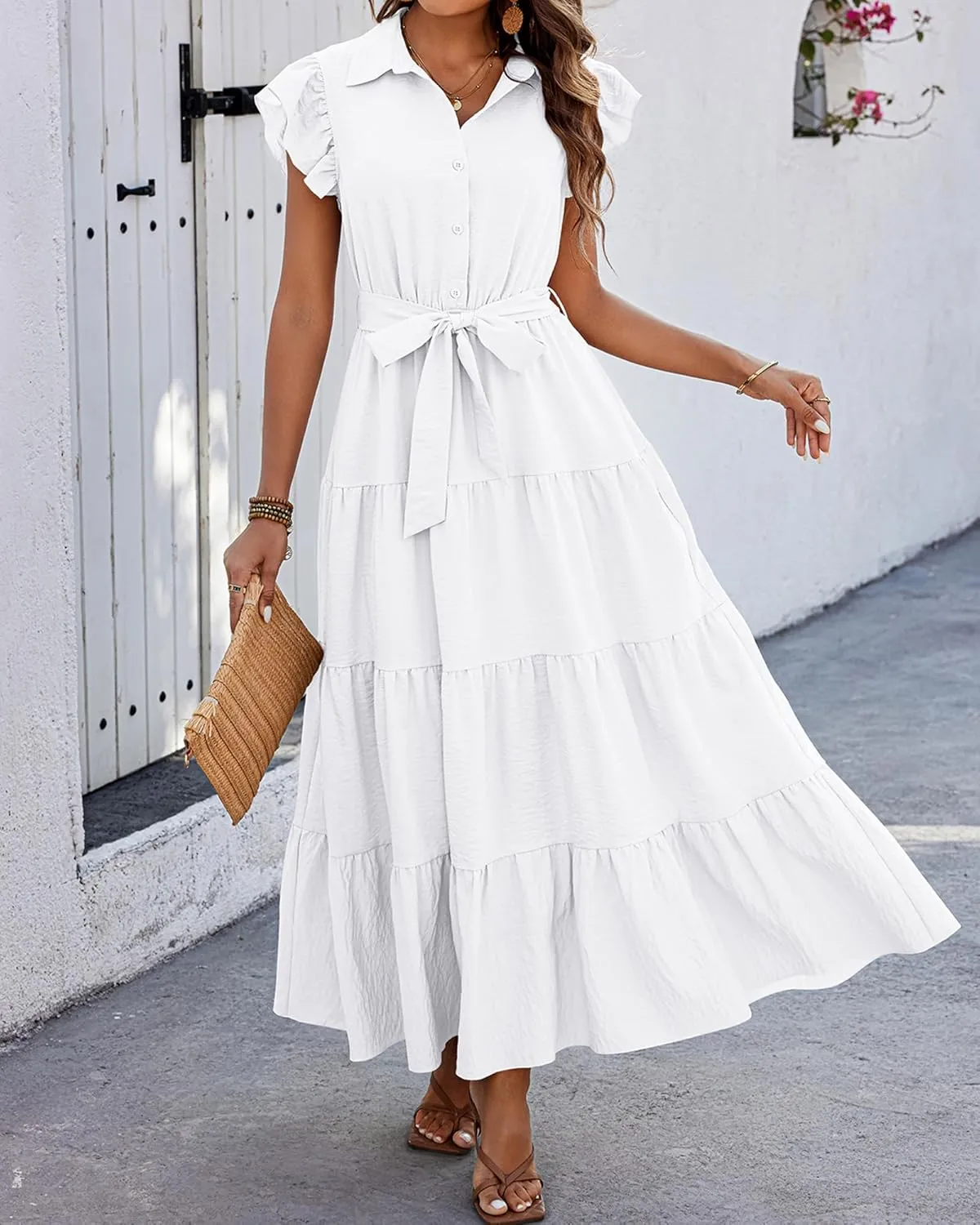 dowerme Women's Summer Casual Dresses 2025 Cap Ruffle Sleeve V Neck Button Belted Tiered Boho Maxi Dress with Pockets
