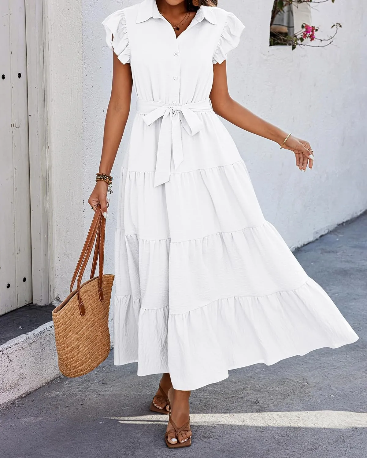 dowerme Women's Summer Casual Dresses 2025 Cap Ruffle Sleeve V Neck Button Belted Tiered Boho Maxi Dress with Pockets
