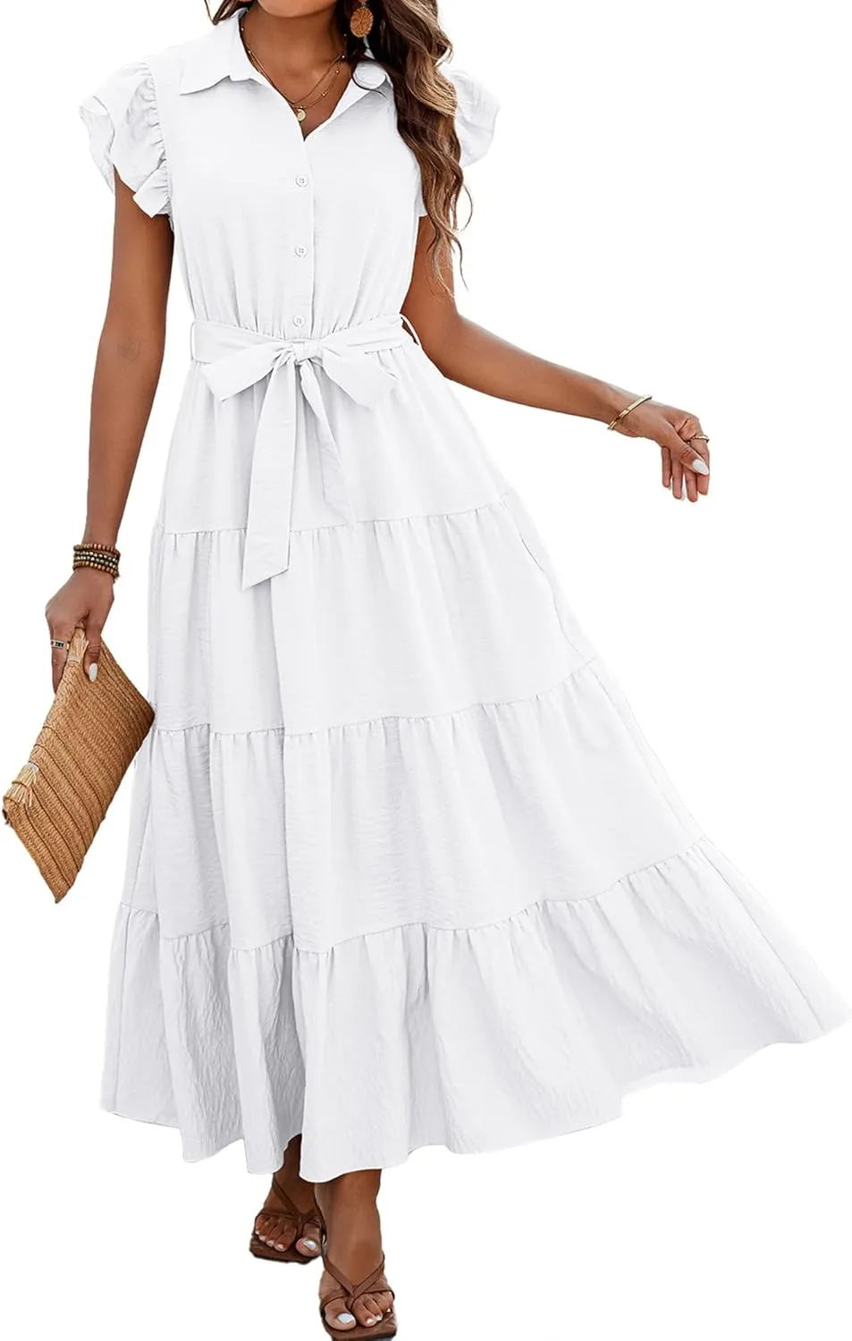 dowerme Women's Summer Casual Dresses 2025 Cap Ruffle Sleeve V Neck Button Belted Tiered Boho Maxi Dress with Pockets