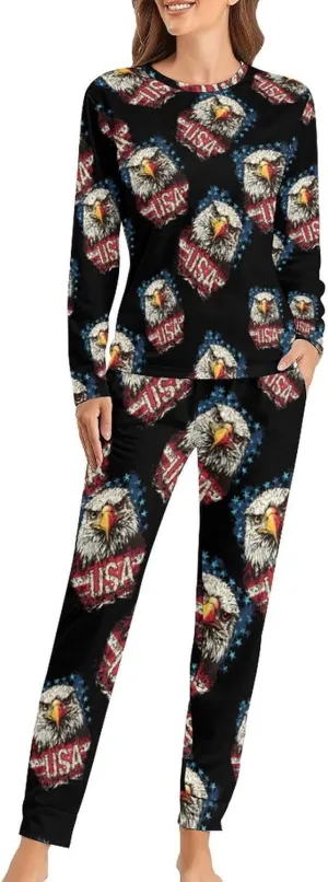 Eagle Flag USA Women's Pajama Set Long Sleeve T-shirts Top & Pant Comfort Sleepwear Loungewear