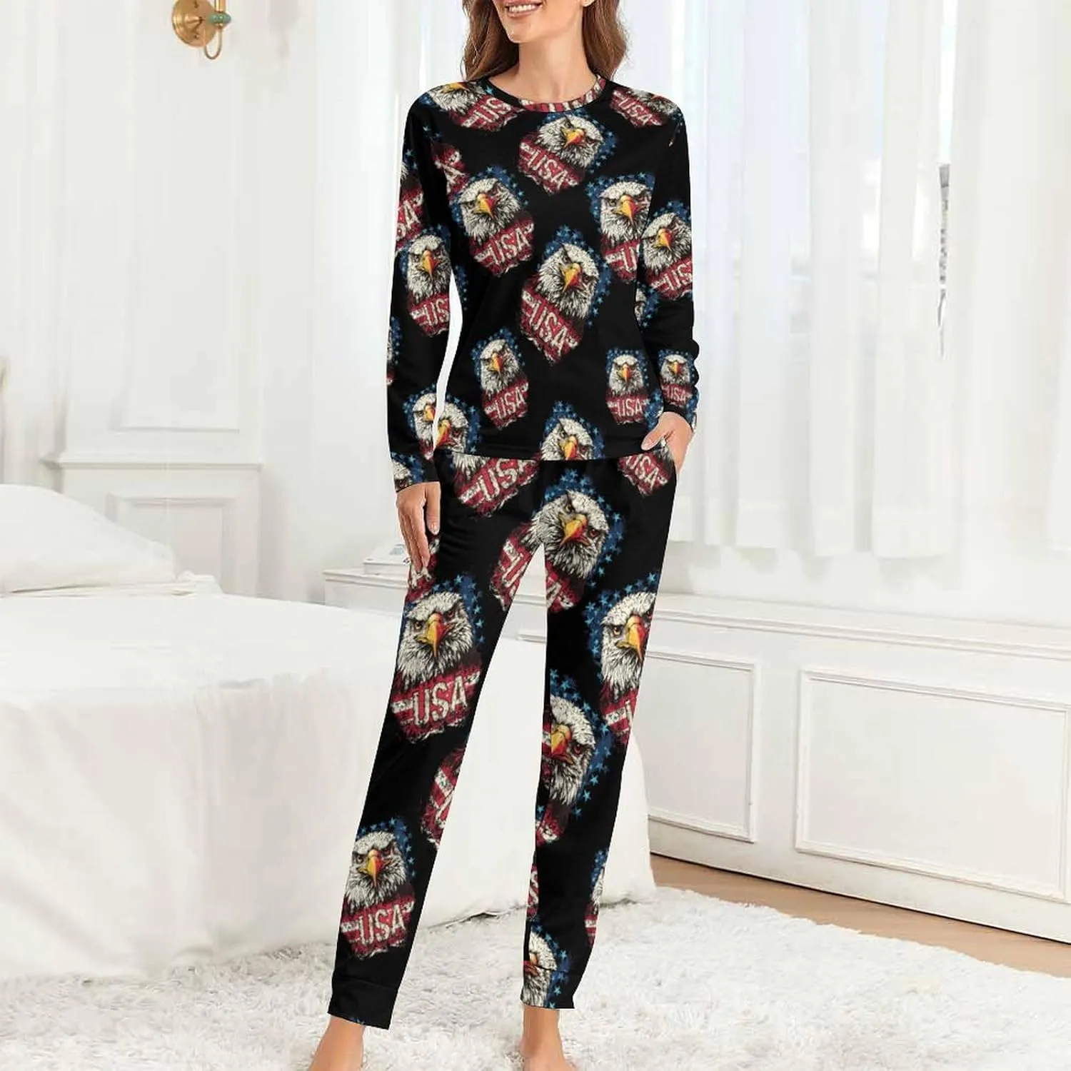 Eagle Flag USA Women's Pajama Set Long Sleeve T-shirts Top & Pant Comfort Sleepwear Loungewear