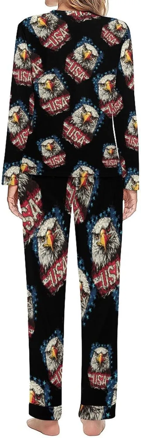 Eagle Flag USA Women's Pajama Set Long Sleeve T-shirts Top & Pant Comfort Sleepwear Loungewear