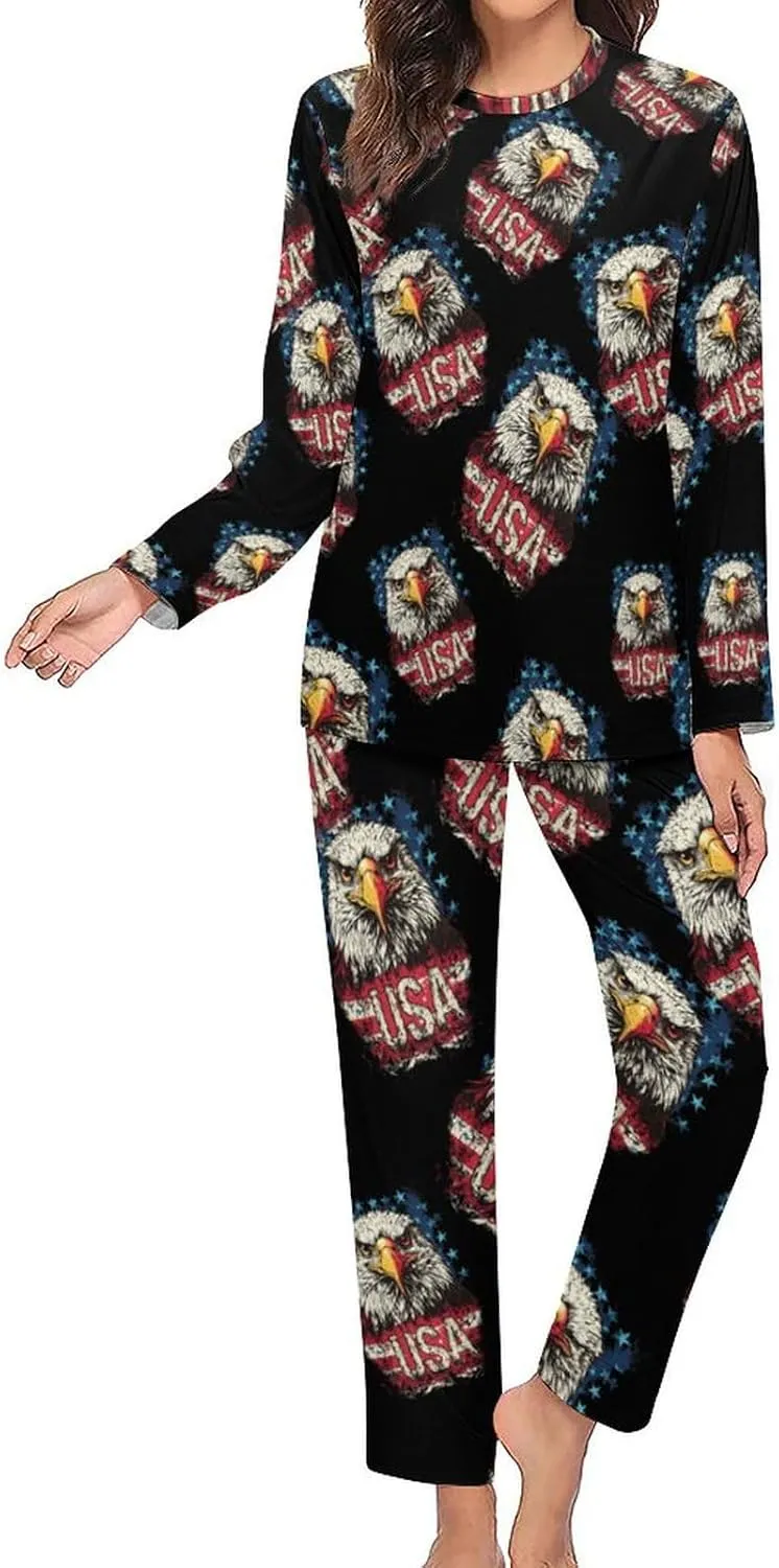 Eagle Flag USA Women's Pajama Set Long Sleeve T-shirts Top & Pant Comfort Sleepwear Loungewear