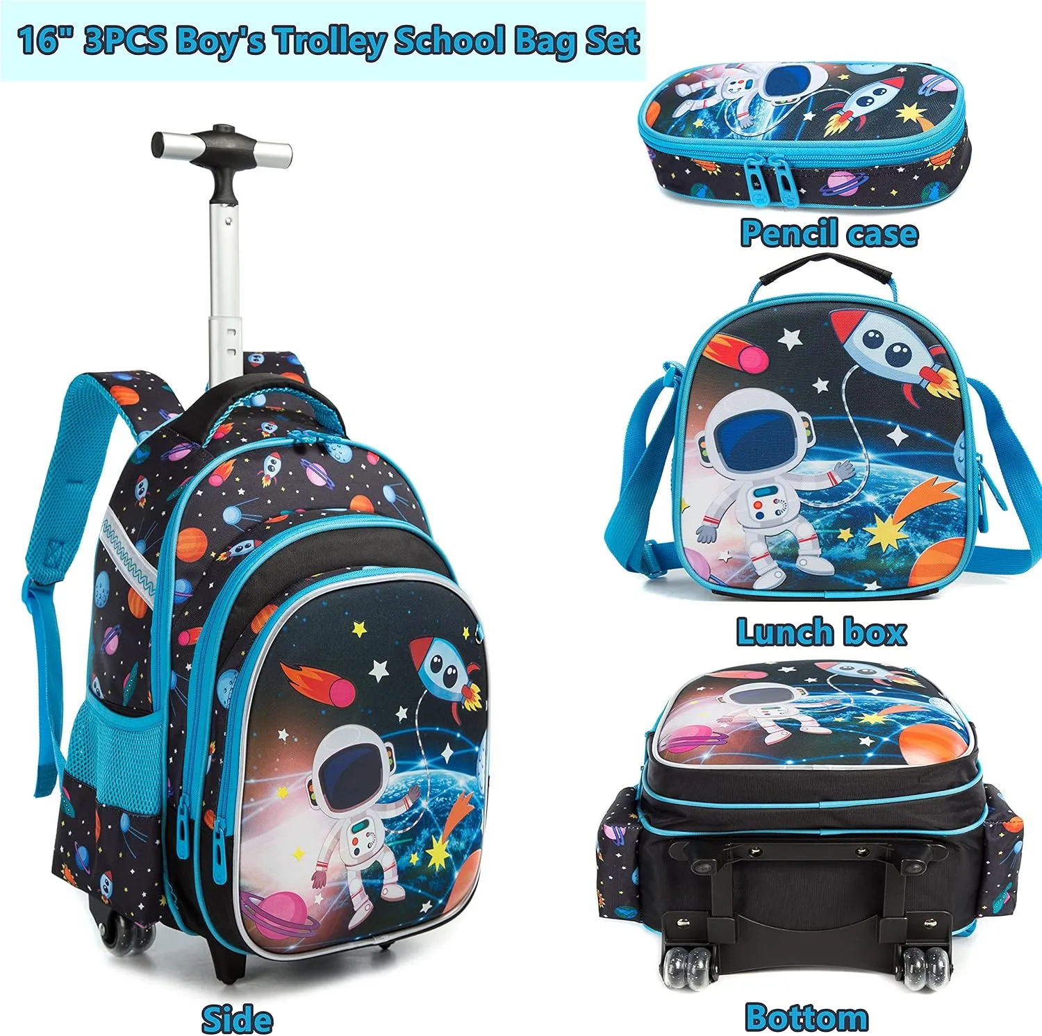 Egchescebo Rolling Backpacks Kids Backpack with Wheels for School Bags Luggage With Wheels Trolley Wheeled Backpacks for Boys 3PCS 16 Astronaut Pattern Travel Bags Boys Backpack With Lunch Box Blue