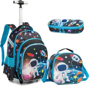 Egchescebo Rolling Backpacks Kids Backpack with Wheels for School Bags Luggage With Wheels Trolley Wheeled Backpacks for Boys 3PCS 16 Astronaut Pattern Travel Bags Boys Backpack With Lunch Box Blue