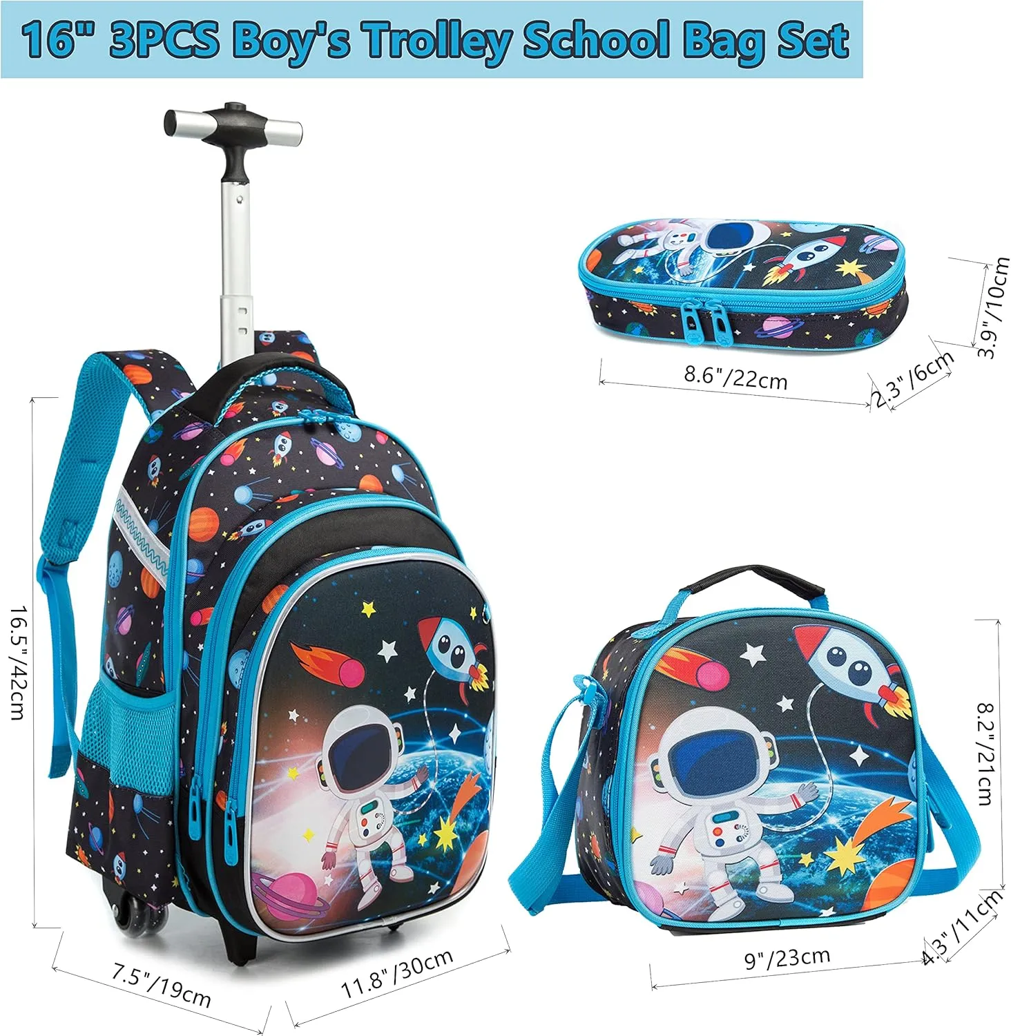 Egchescebo Rolling Backpacks Kids Backpack with Wheels for School Bags Luggage With Wheels Trolley Wheeled Backpacks for Boys 3PCS 16 Astronaut Pattern Travel Bags Boys Backpack With Lunch Box Blue