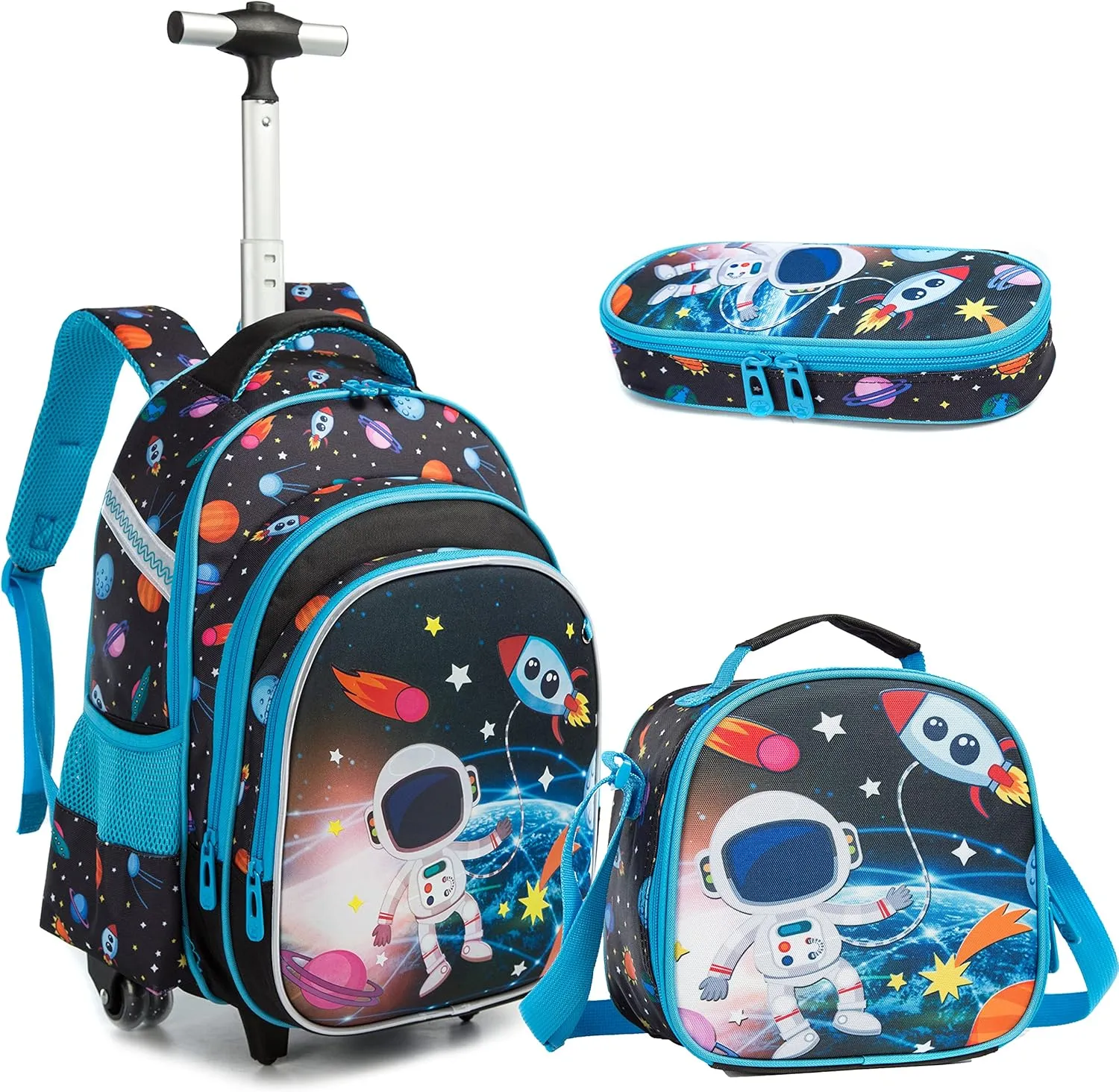 Egchescebo Rolling Backpacks Kids Backpack with Wheels for School Bags Luggage With Wheels Trolley Wheeled Backpacks for Boys 3PCS 16 Astronaut Pattern Travel Bags Boys Backpack With Lunch Box Blue