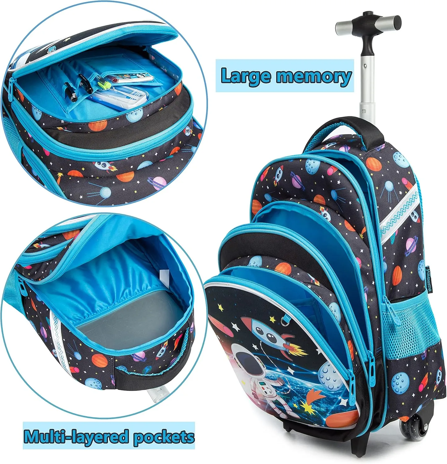 Egchescebo Rolling Backpacks Kids Backpack with Wheels for School Bags Luggage With Wheels Trolley Wheeled Backpacks for Boys 3PCS 16 Astronaut Pattern Travel Bags Boys Backpack With Lunch Box Blue