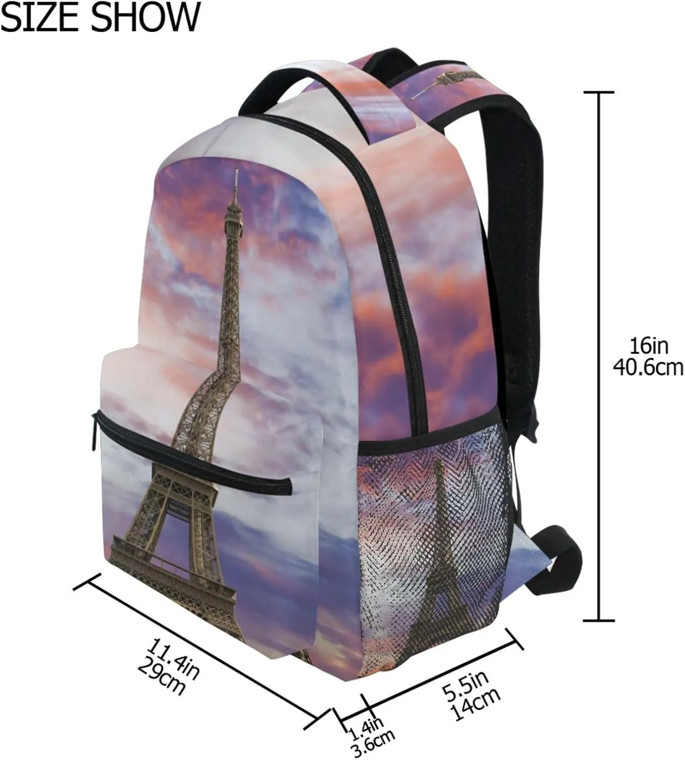 Eiffel Tower Sunset Paris France Backpacks Bookbags Daypack Travel School College Bag