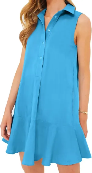 Eisctnd Womens Sleeveless Shirt Dress 2025 Ruffle Hem Cotton Tunic Tank Dress with Pocket Button Up Swing Shift Mini Dresses