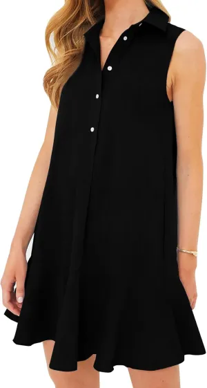 Eisctnd Womens Sleeveless Shirt Dress 2025 Ruffle Hem Cotton Tunic Tank Dress with Pocket Button Up Swing Shift Mini Dresses