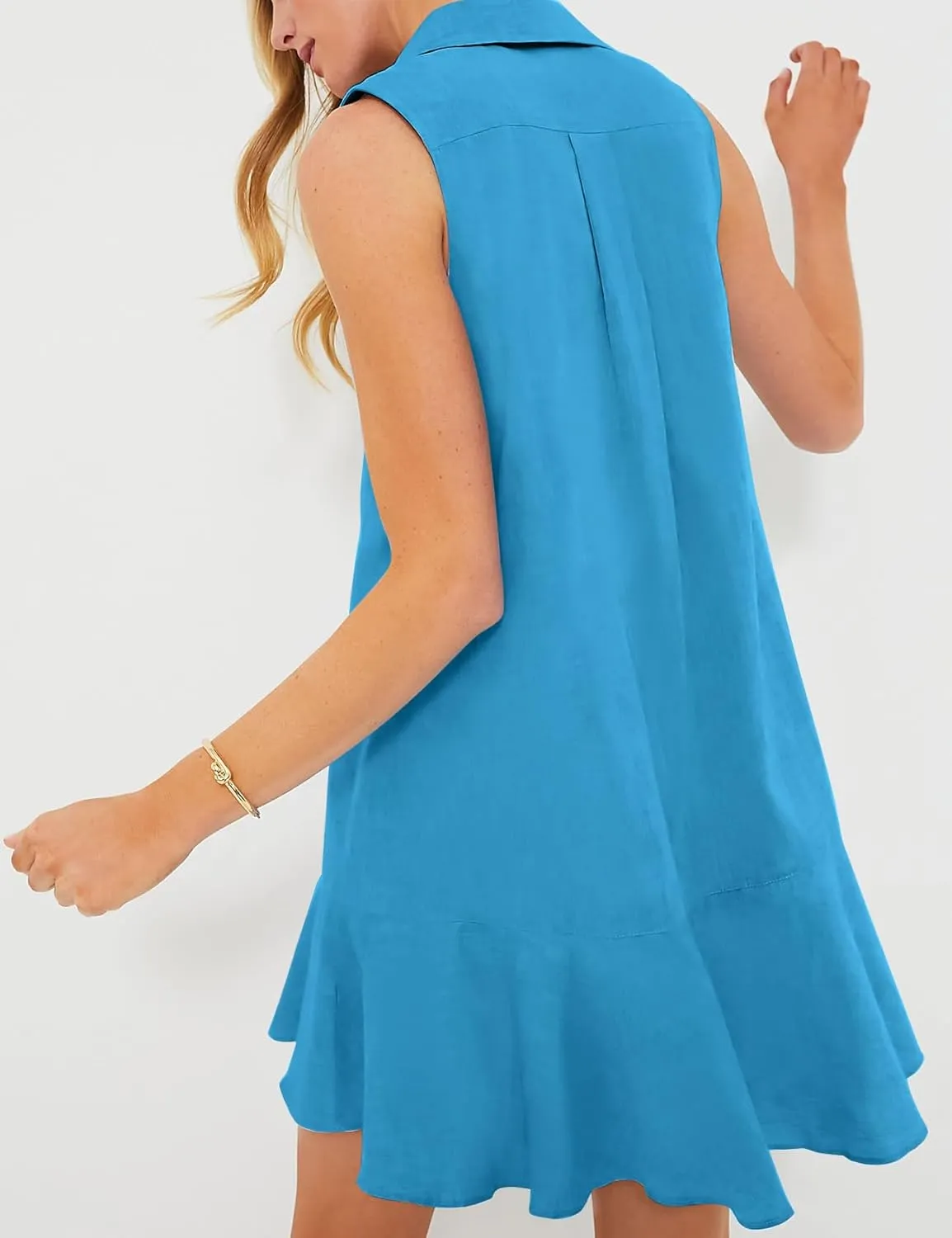 Eisctnd Womens Sleeveless Shirt Dress 2025 Ruffle Hem Cotton Tunic Tank Dress with Pocket Button Up Swing Shift Mini Dresses