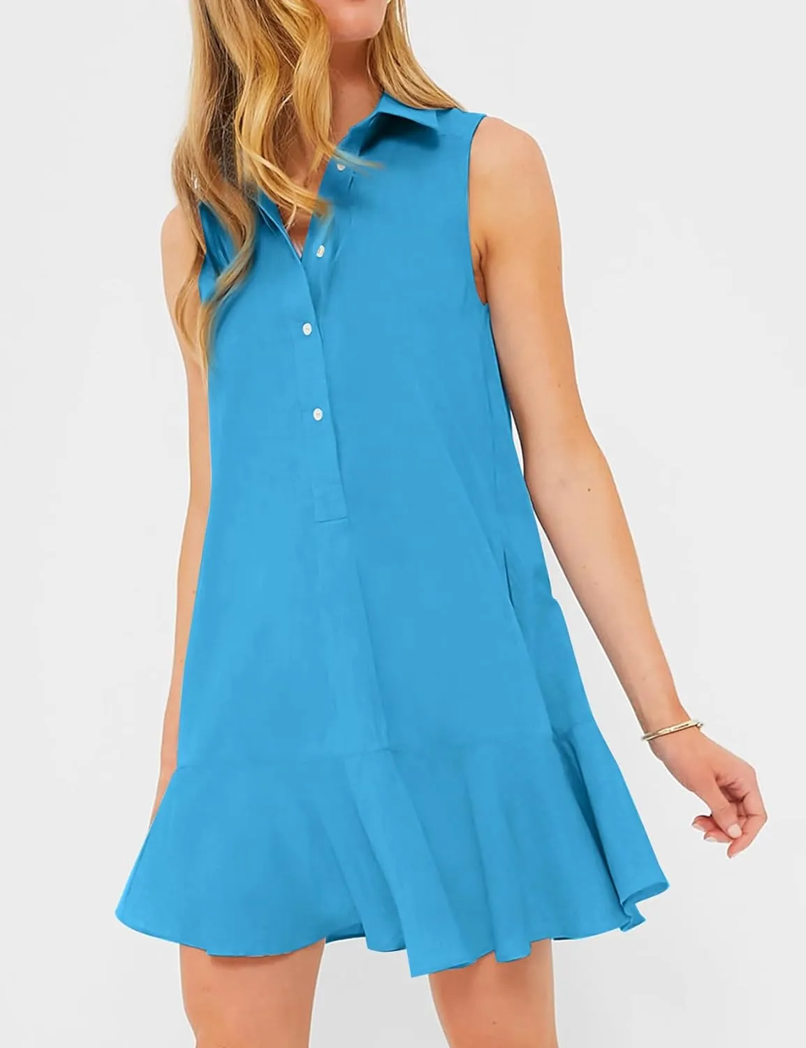 Eisctnd Womens Sleeveless Shirt Dress 2025 Ruffle Hem Cotton Tunic Tank Dress with Pocket Button Up Swing Shift Mini Dresses