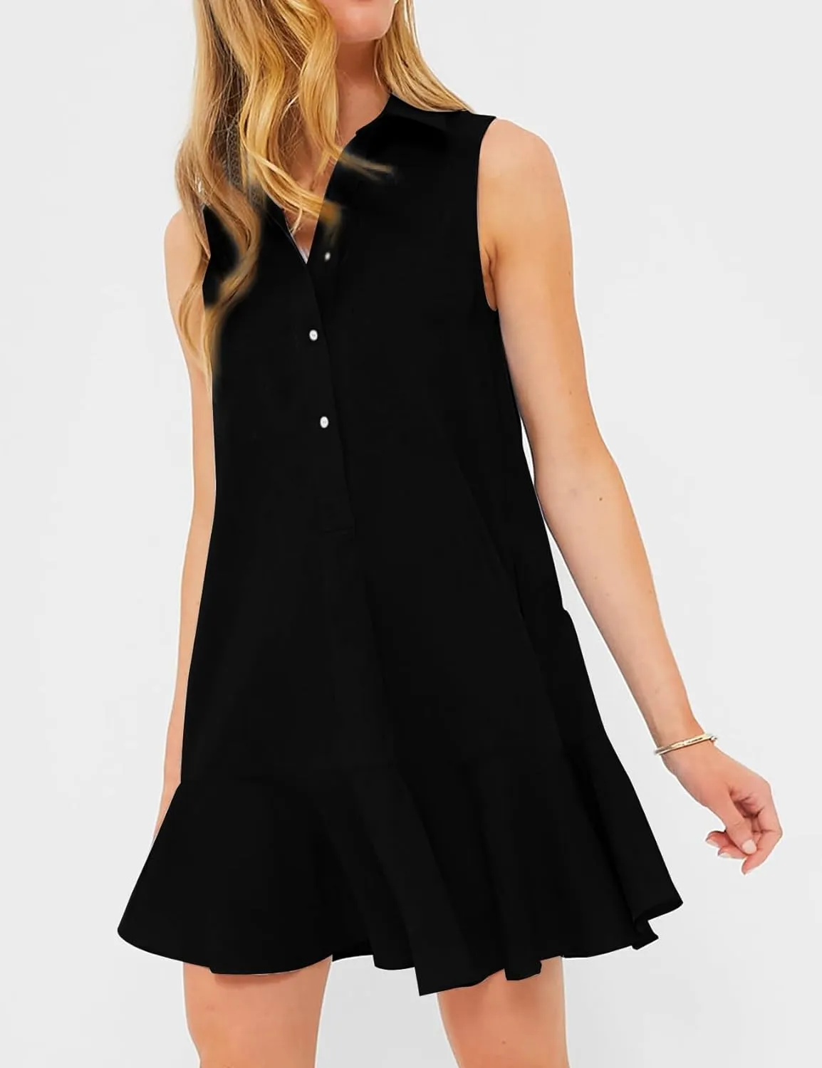 Eisctnd Womens Sleeveless Shirt Dress 2025 Ruffle Hem Cotton Tunic Tank Dress with Pocket Button Up Swing Shift Mini Dresses