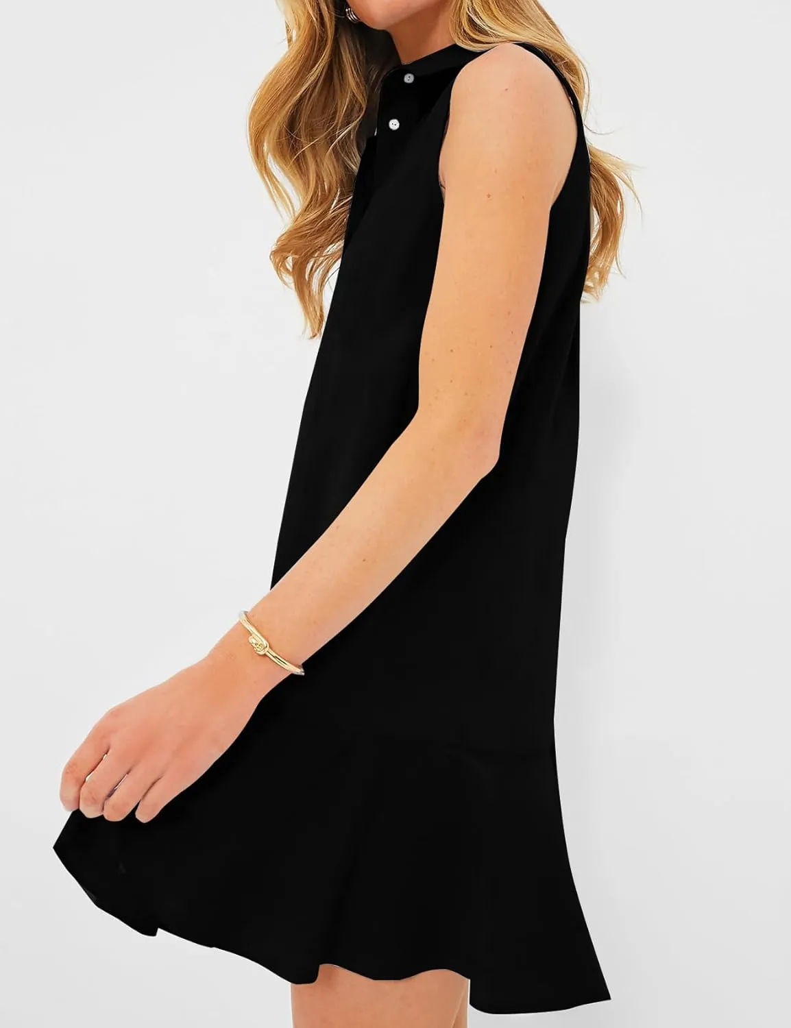 Eisctnd Womens Sleeveless Shirt Dress 2025 Ruffle Hem Cotton Tunic Tank Dress with Pocket Button Up Swing Shift Mini Dresses