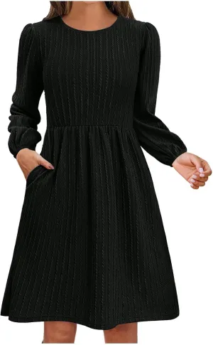 Elegant Dresses for Women Long Sleeve Crewneck Causal Empire Waist Ruffle Dress with Pockets Fashion Work Midi Dress